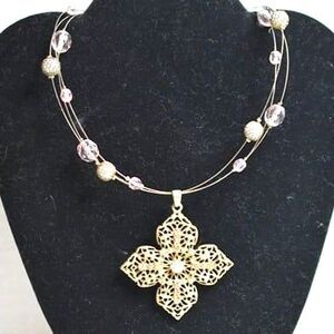 Boho Statement Filigree Gold Tone Wire Beaded Pendant Pink Blue Crystal Necklace